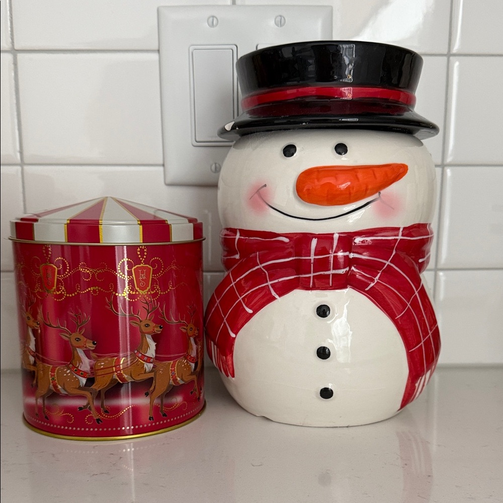 Festive Snowman Cookie Jar with Red Accents & Christmas Tin
